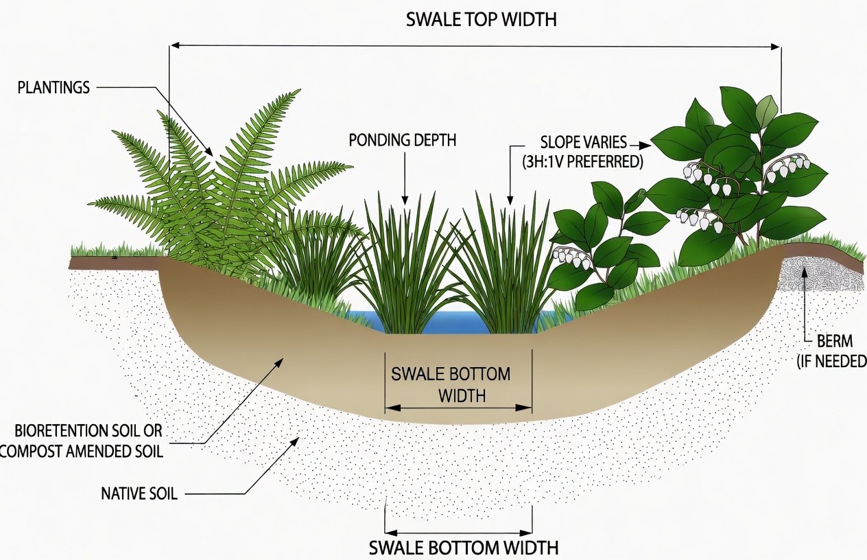 Bioswale cross-section: SSF plantings, ponding, bioretention soil