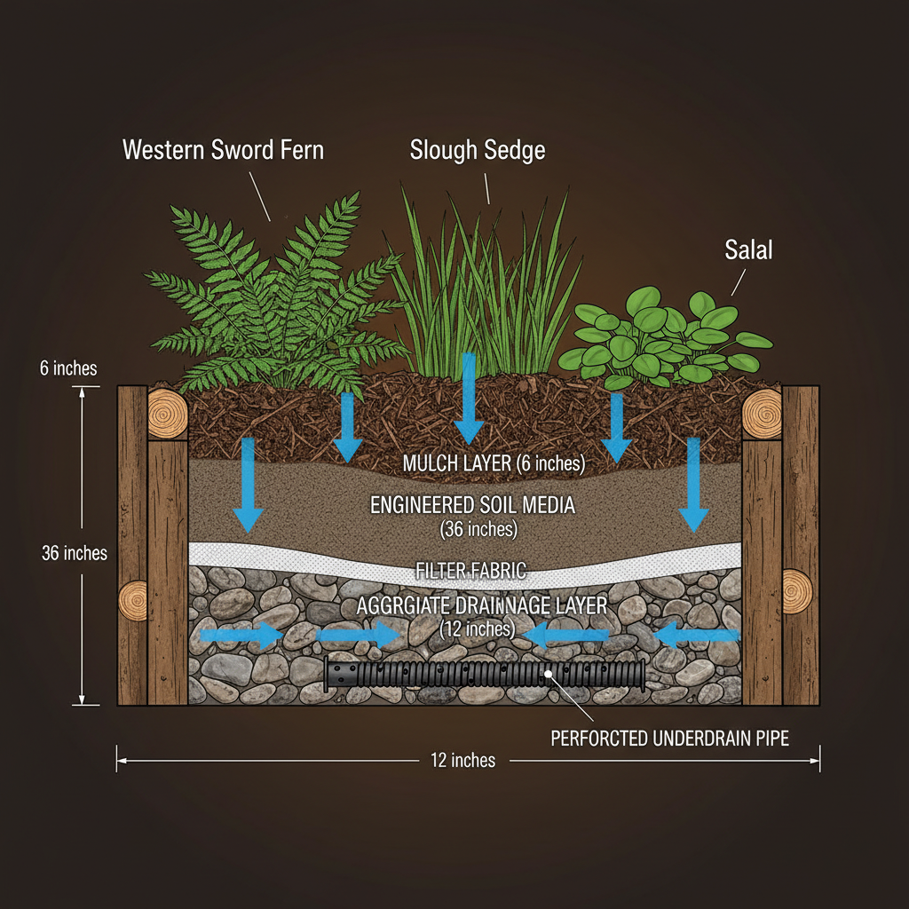 Bioswale cross-section showing seven engineered layers
